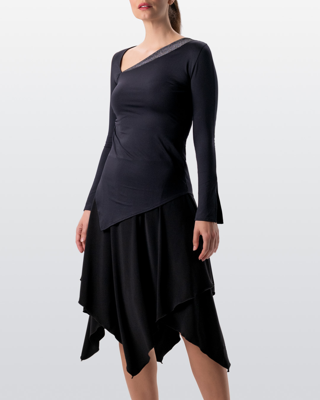 Model in dance outfit with Orla pointed skirt and Rida dance top in black