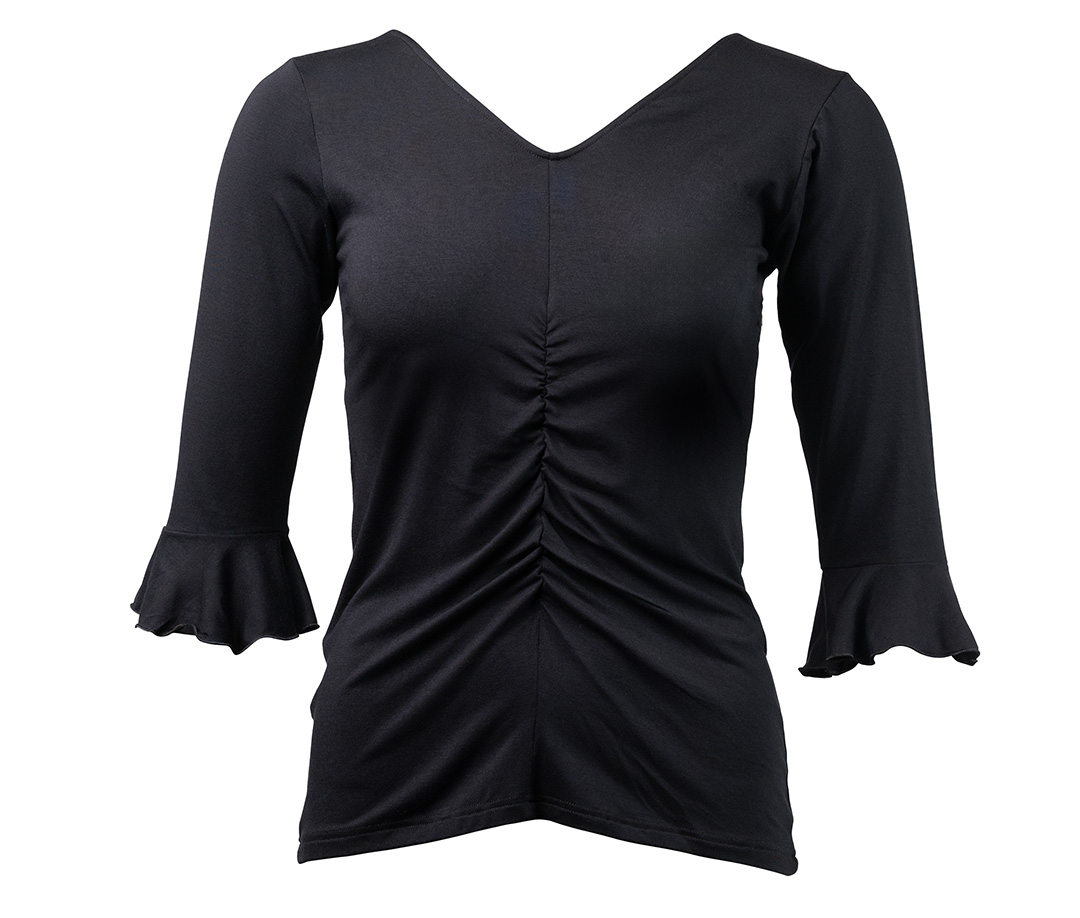 Dance top Talvi Talvi women's dance top in black with V-neck and flounce sleeves – for salsa, tango and more