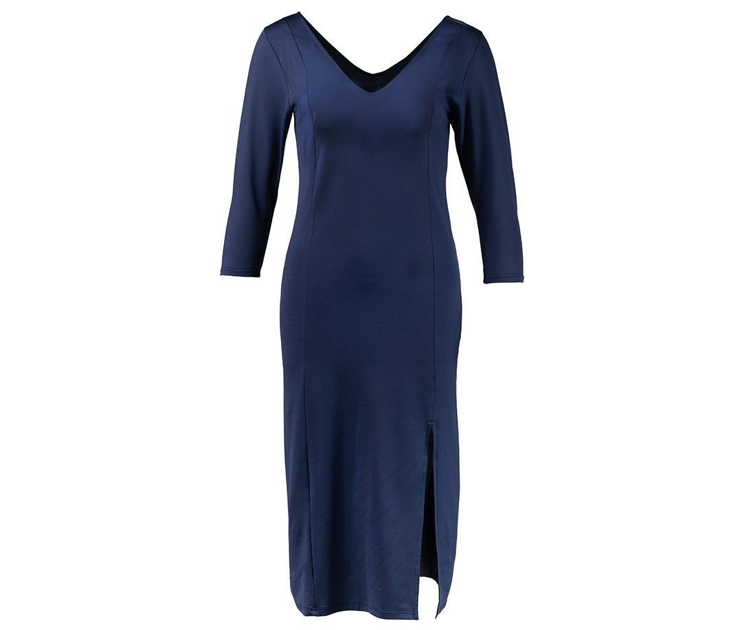 Smoky blue, knee-length dance dress with leg slit and long sleeves by Werner Kern