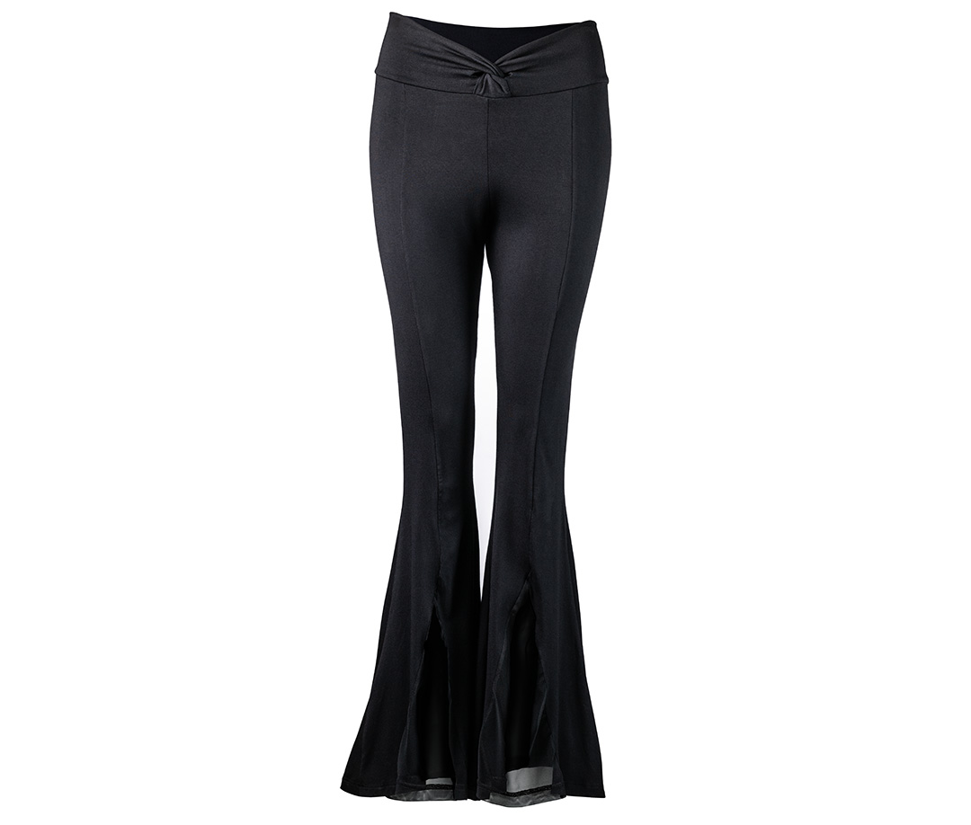 Women's dance trousers Nisha in black with mesh inserts and flared legs for Latin and standard dances.