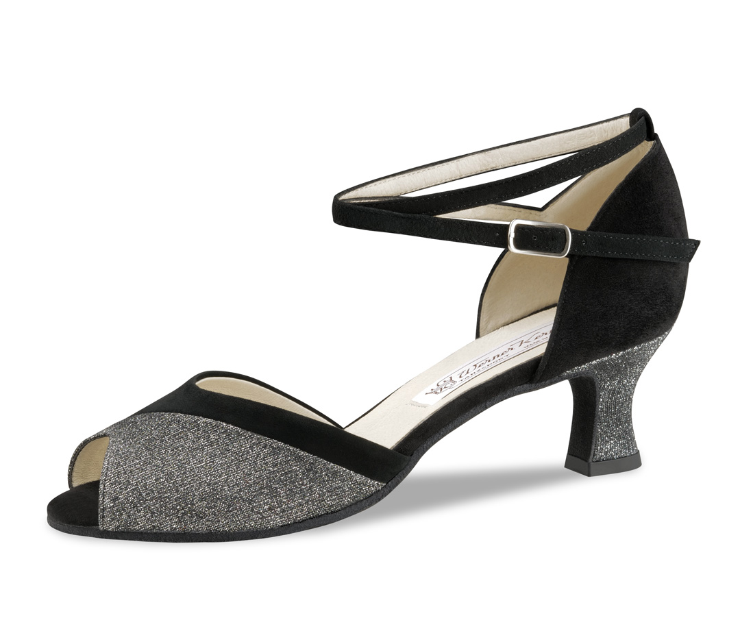 Steph Open, elegant dance shoe in asymmetric design in black-silver with 5.5 cm heel by Werner Kern.