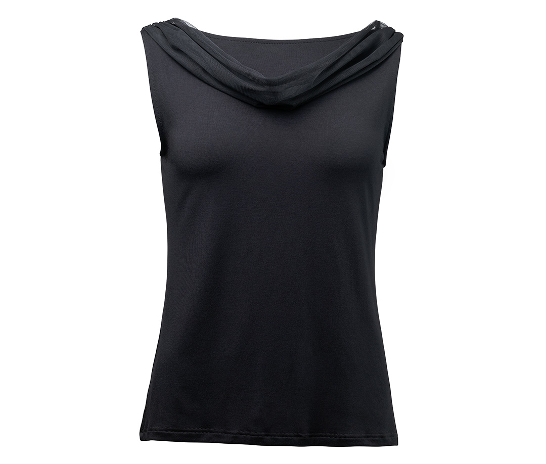Auri women's dance top in black – elegant bamboo top with back cut-out and tulle inserts, ideal for salsa, tango and other dances.