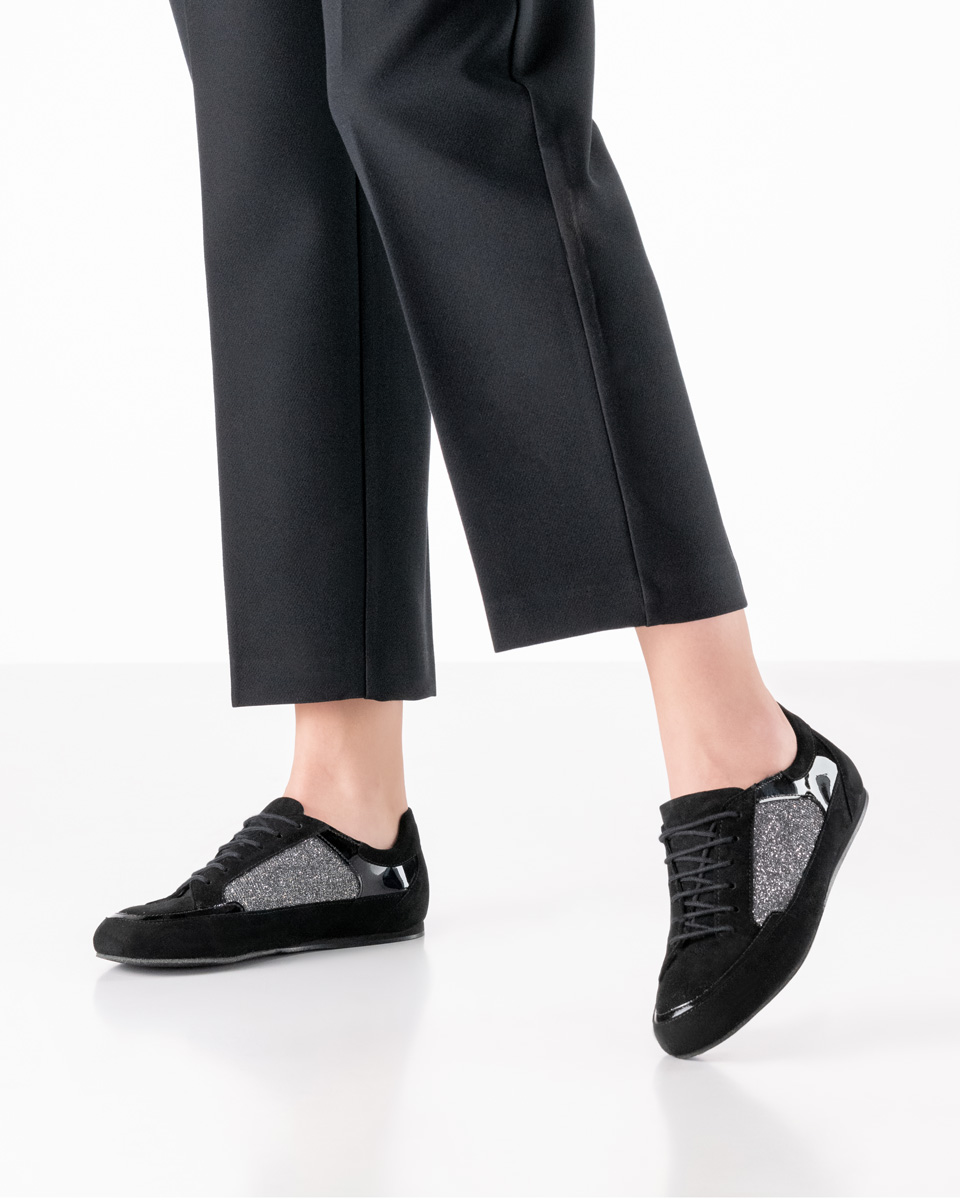 Carol Werner Kern Carol in black velour leather and silver brocade with a lightweight Microsole for Zumba, training, and jazz dance