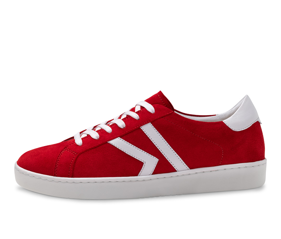 Red dance sneaker with white details and slightly rotating PU sole in white by Werner Kern