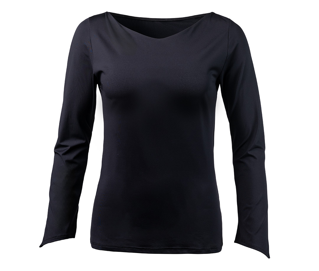Simple, black, long-sleeved dance top made of elastic material with a round back neckline by Werner Kern