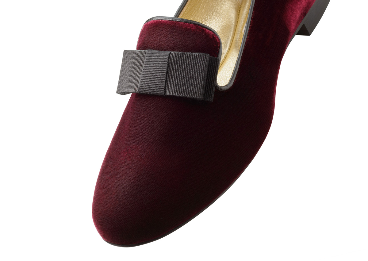 Ava Fine red velvet loafer with black ribbon bow