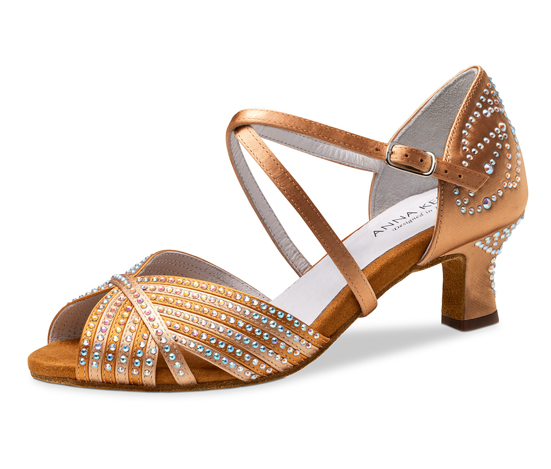 Bronze-coloured dance sandals with rhinestones and 5 cm flare heel by Anna Kern