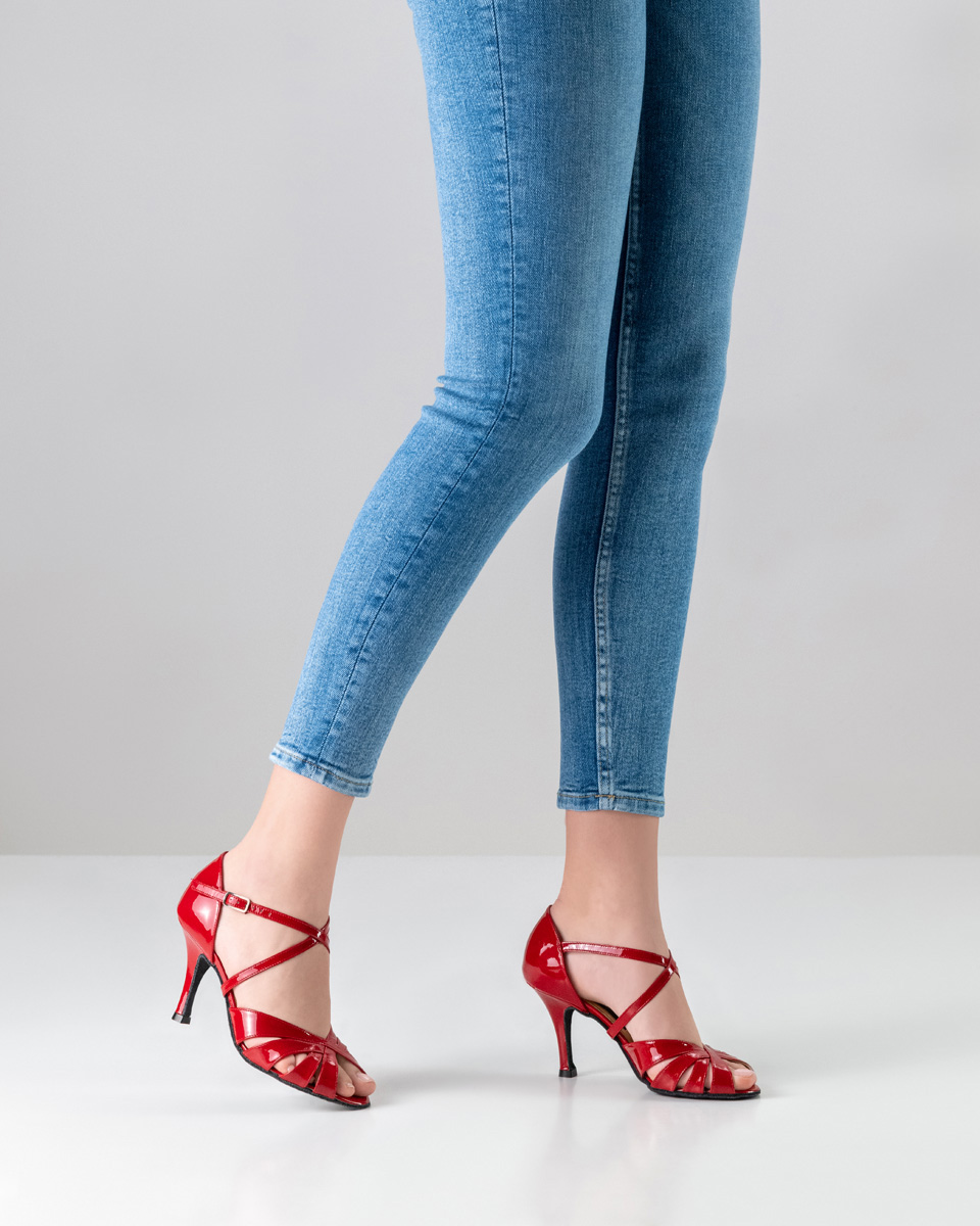 Ladies' dance shoe in red patent combined with blue jeans