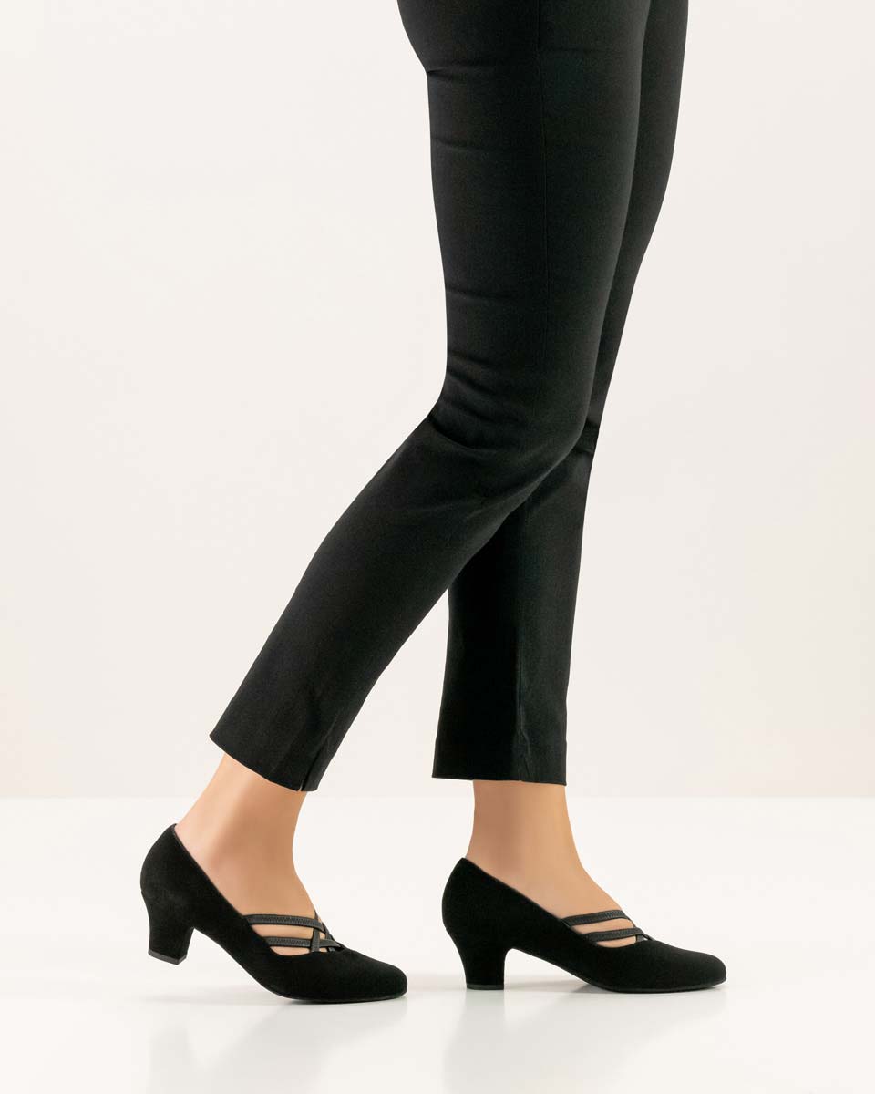 Ruby black Werner Kern ladies dance shoe from the side combined with black trousers