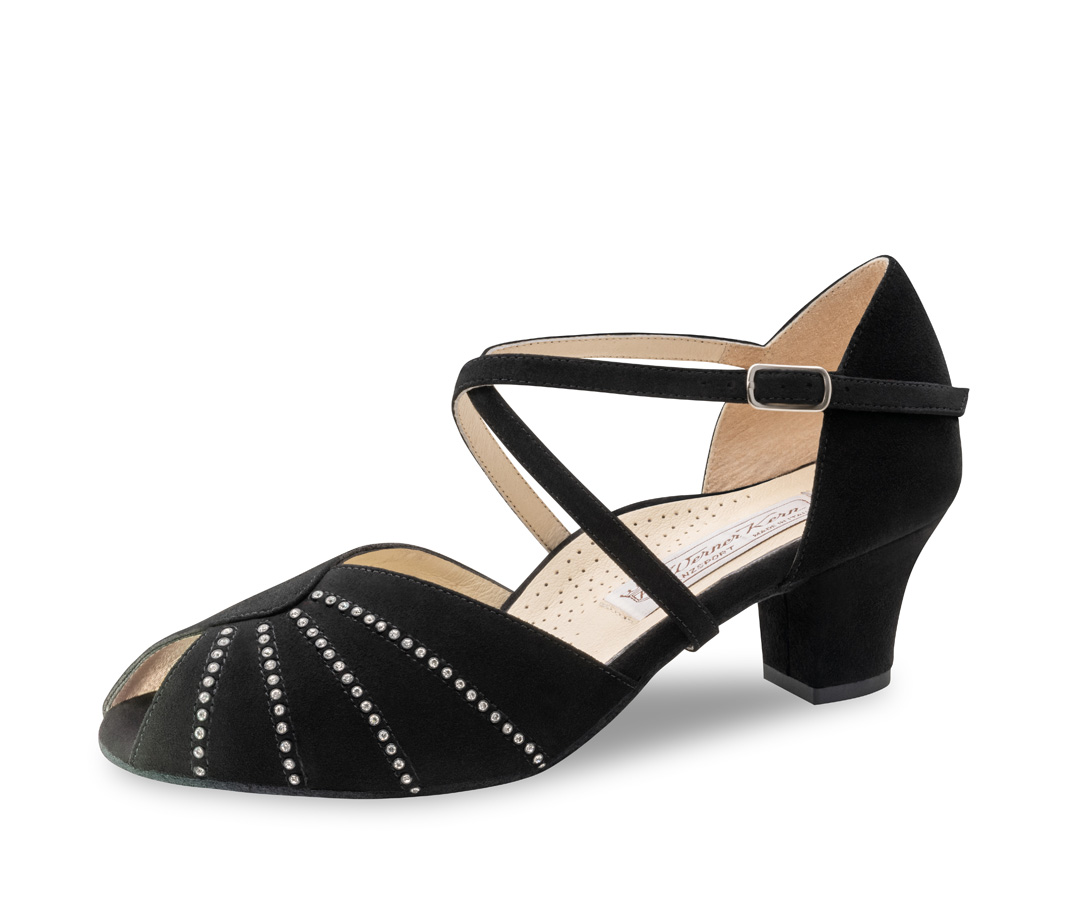 Women's dance shoe Sonia - Werner Kern in black Velvet Goat leather, seductive and comfortable with a comfortable V-cut, small toe opening, and individually adjustable cross strap, fantastically comfortable heel height of 4.5 cm
