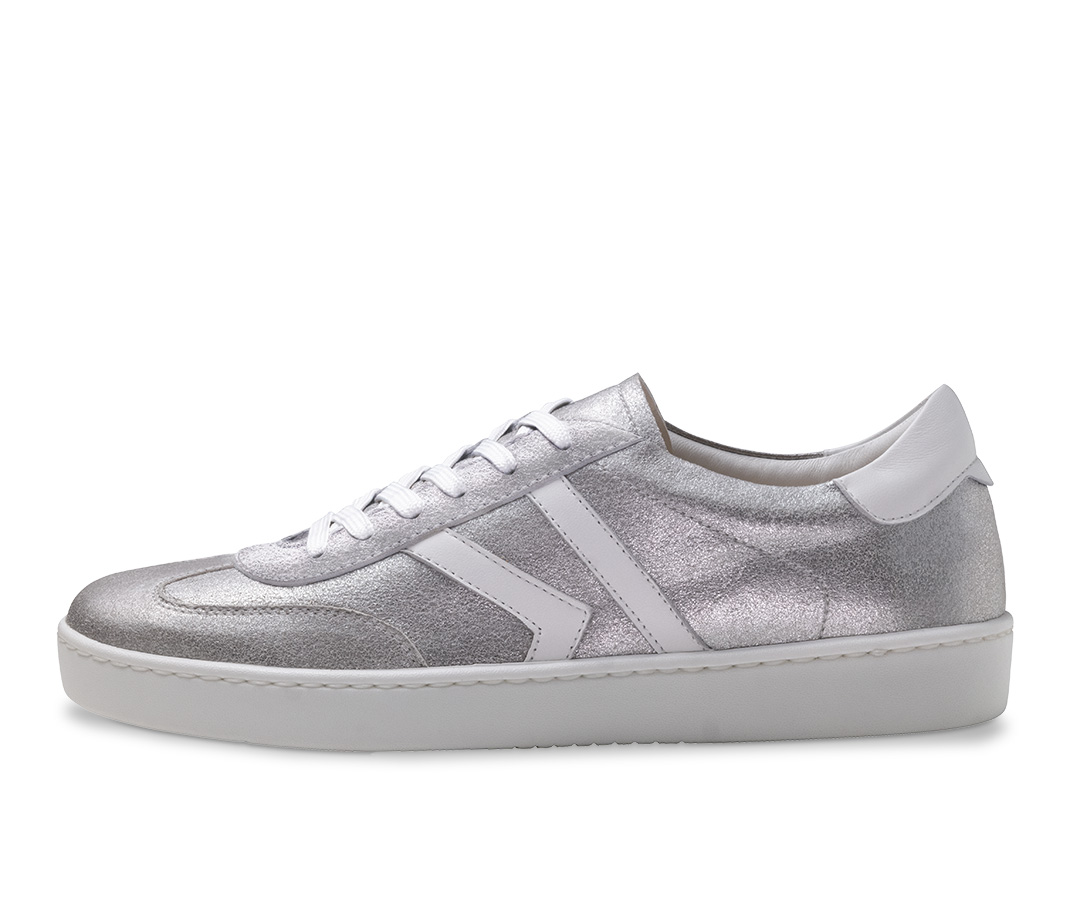 Matt silver shimmering leather dance sneakers by Werner Kern with white details and white soles