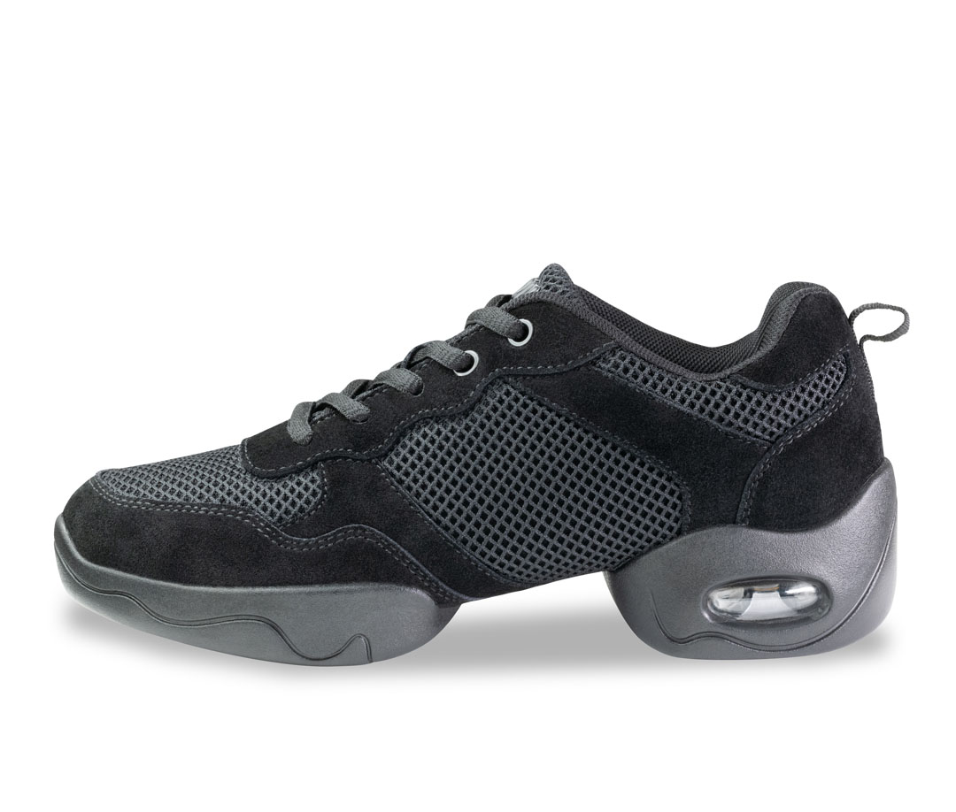 Bulky women’s dance trainers in black, made from fabric and leather, with a split sole, by Werner Kern