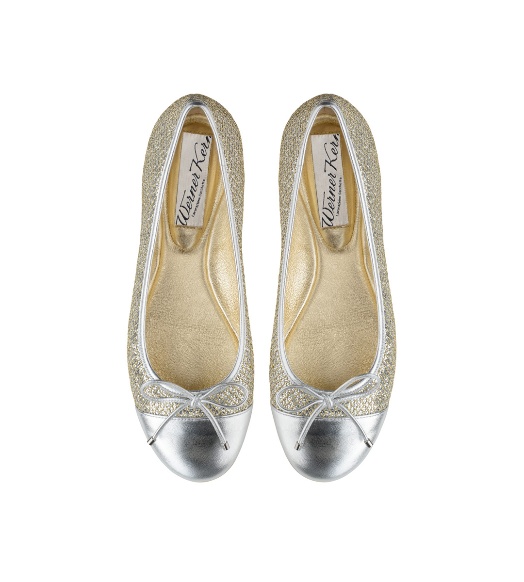 Fay Ballerina in gold brocade, silver cap, silver bow and a silver edging