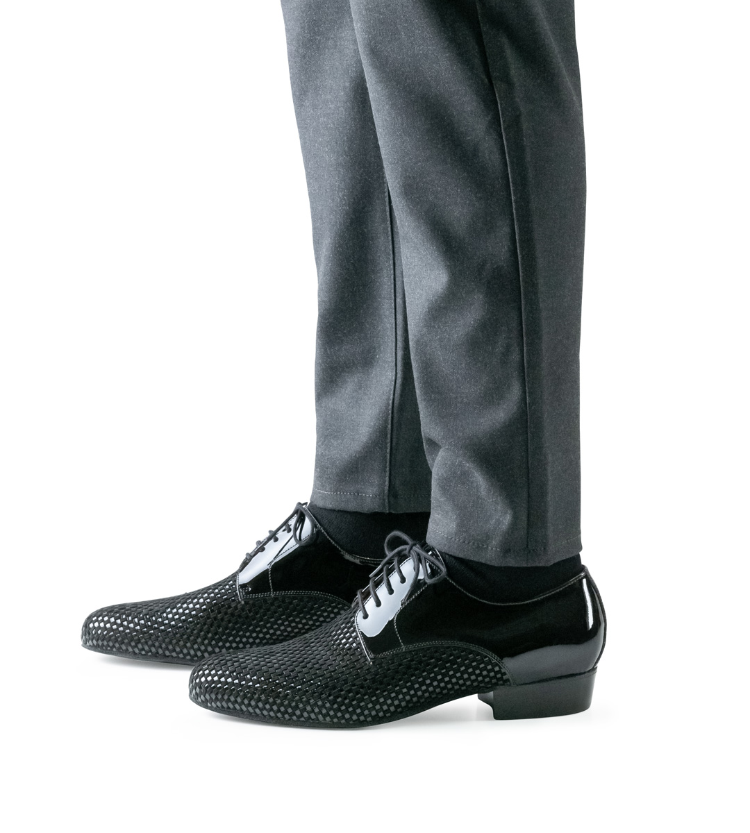Nueva Epoca Men's Dance Shoe with Weave in Patent and Velour in Combination with Grey Trousers