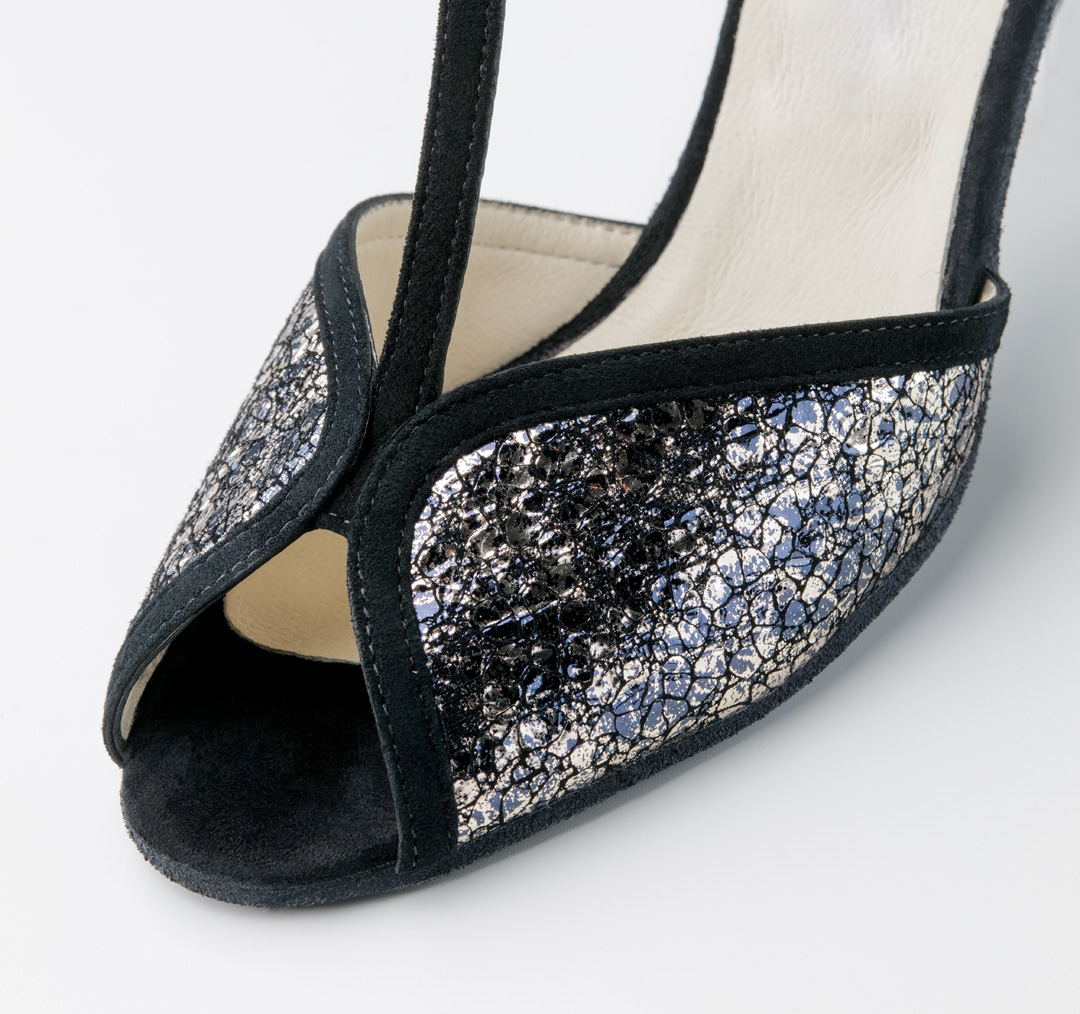 Detailed view of open and elegant dance shoe Isla by Werner Kern in silver-black leather combination