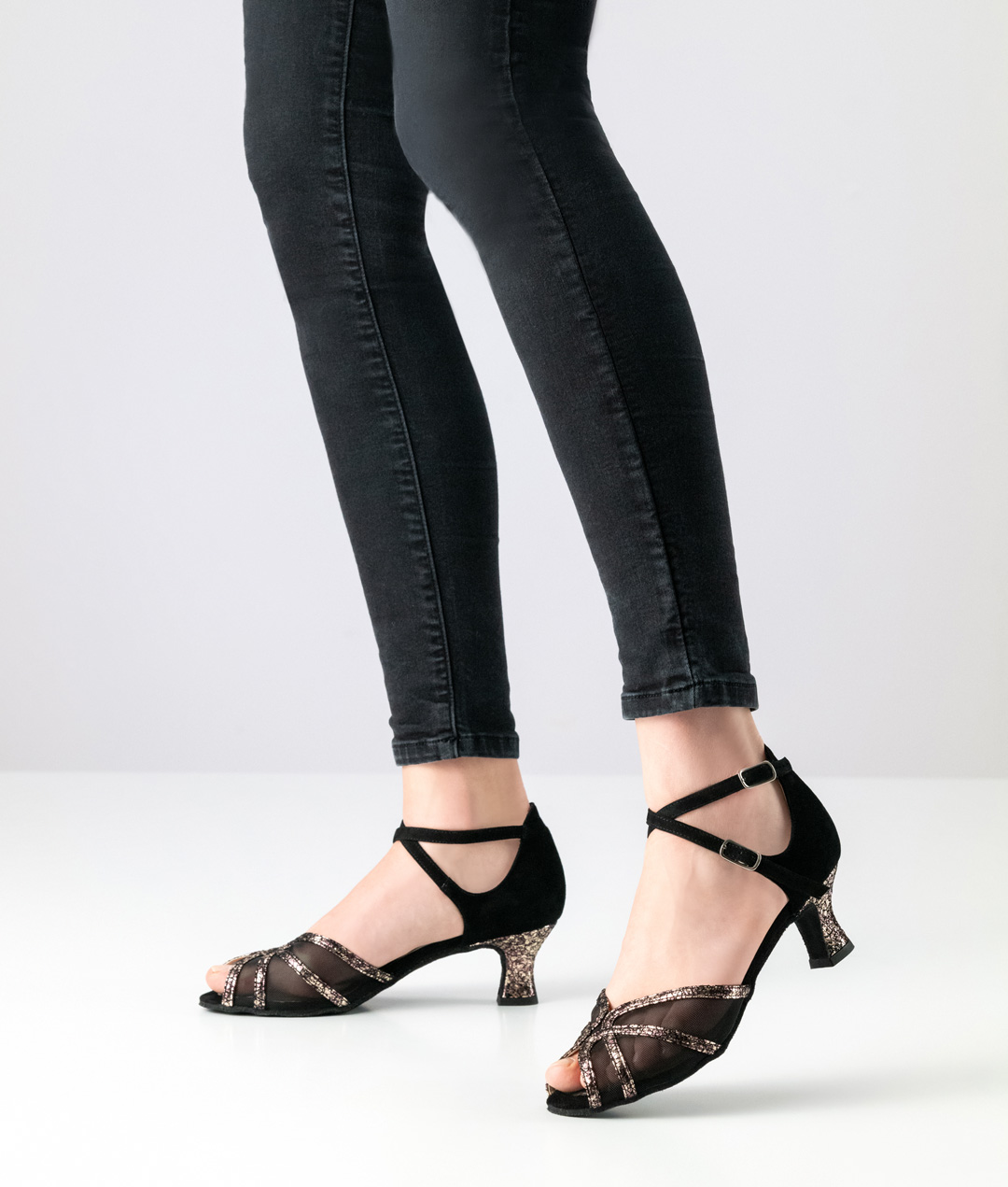 Elegant open women's dance shoe Blair made of glittering leather, black suede and mesh inserts by Werner Kern.