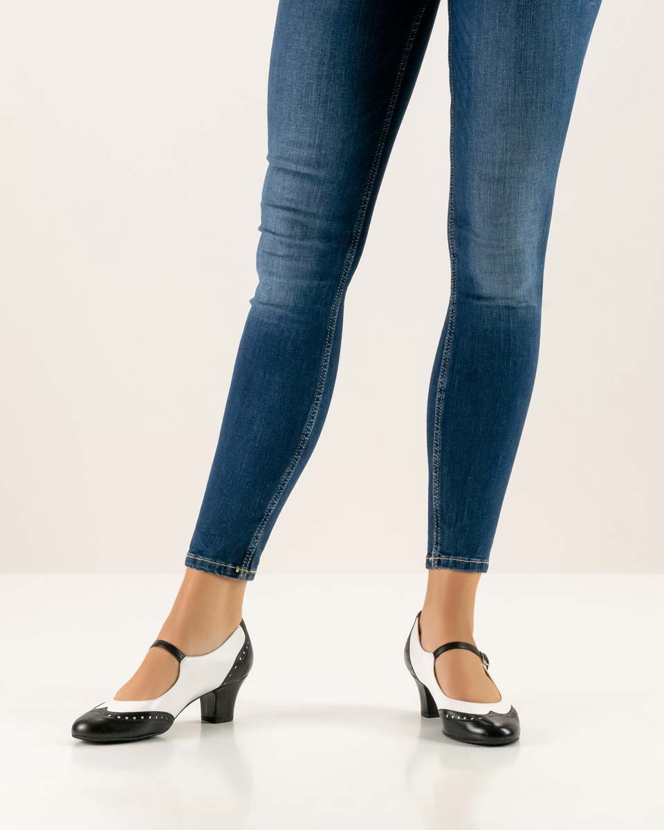 Emma black white Werner Kern ladies dance shoe combined with blue jeans