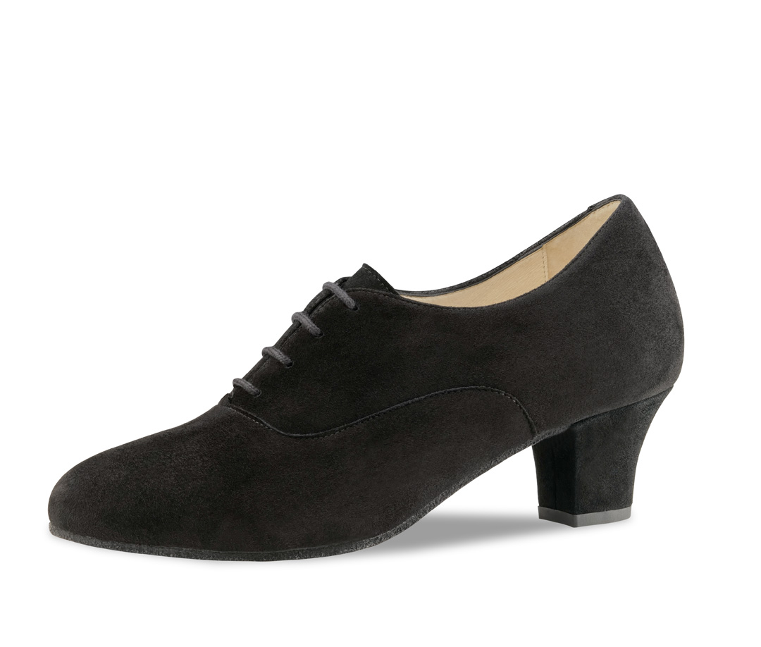 Closed-toe dance shoe in black suede with 4.5 cm heel, laces and removable sole by Werner Kern.