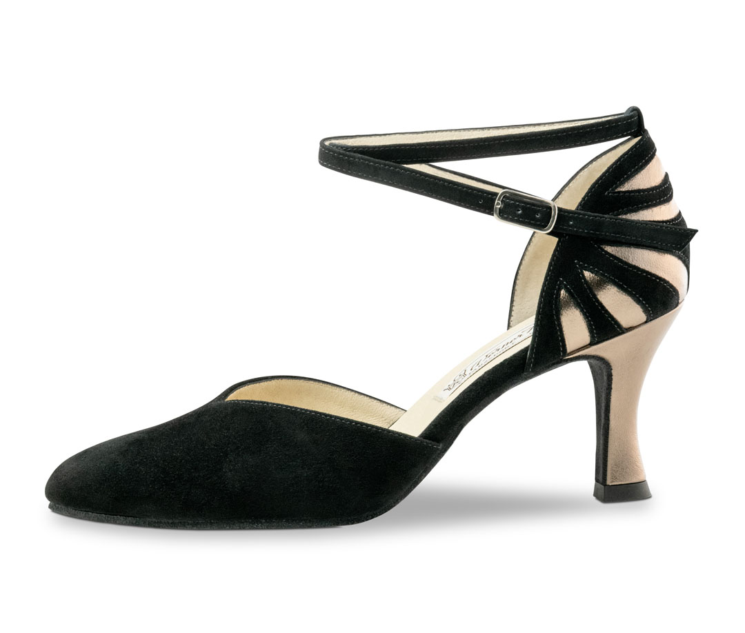 Dance sandals by Werner Kern in black suede with platinum-coloured inlays on the heel and a 6.5 cm flared heel 