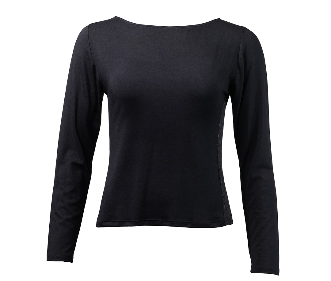 Long-sleeved dance top with boat neckline and narrow lace insert in the left side seam by Werner Kern