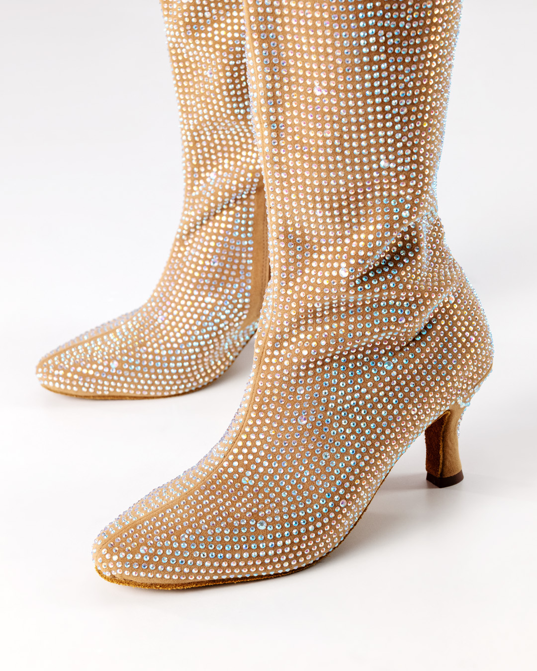 Beige dance boots made of microfibre with rhinestones and 6 cm flare heel by Anna Kern