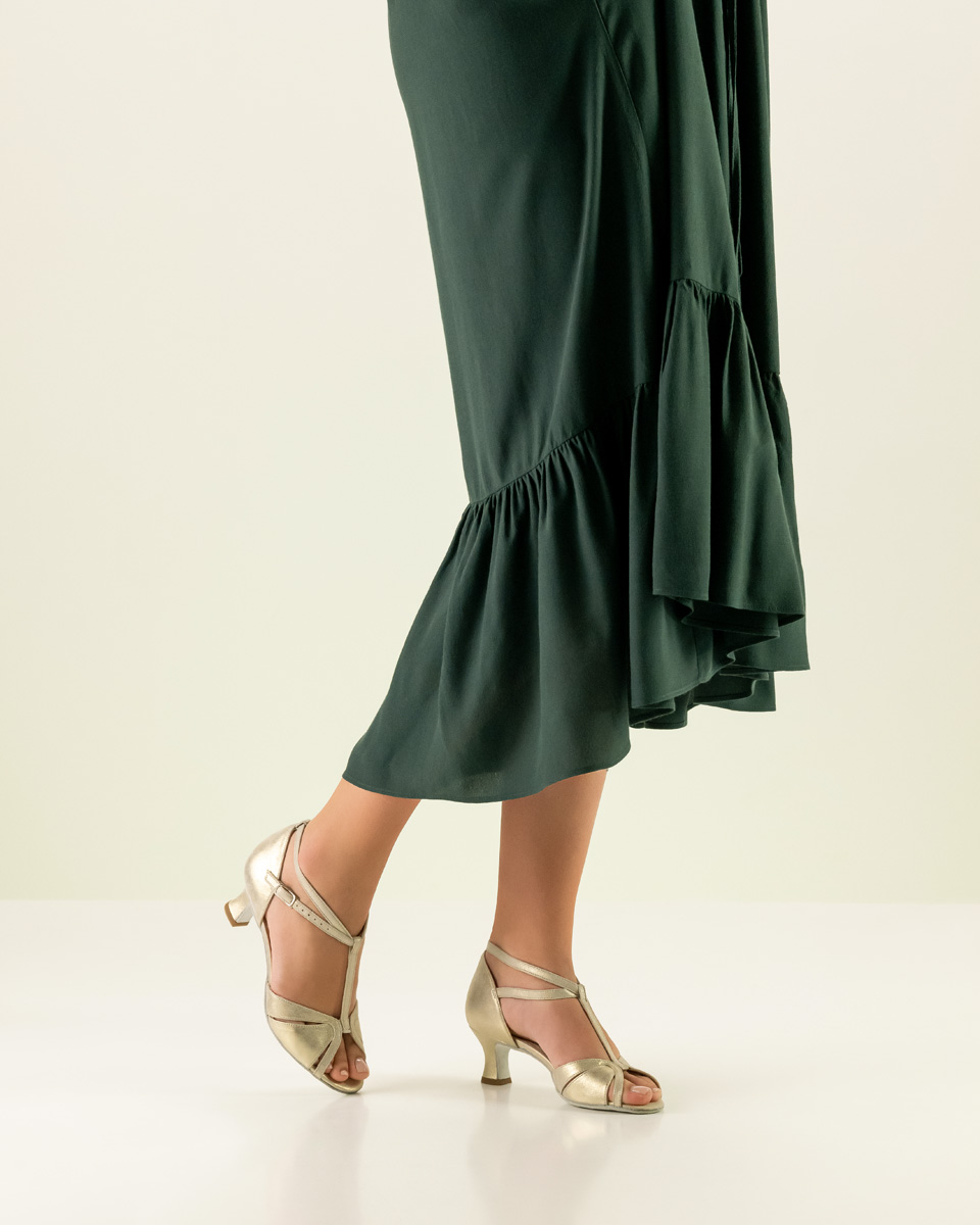open Werner Kern ladies dance shoe photographed with green skirt