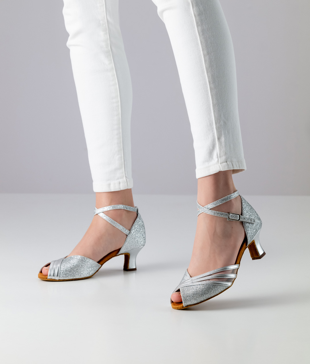 Christelle Classic Anna Kern Christelle dance shoe sandal in silver brocade with a 5 cm heel.