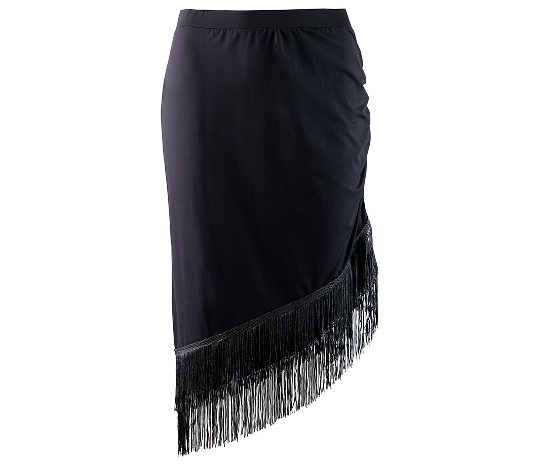 Narrow, knee-length dance skirt with fringed hem in black by Werner Kern