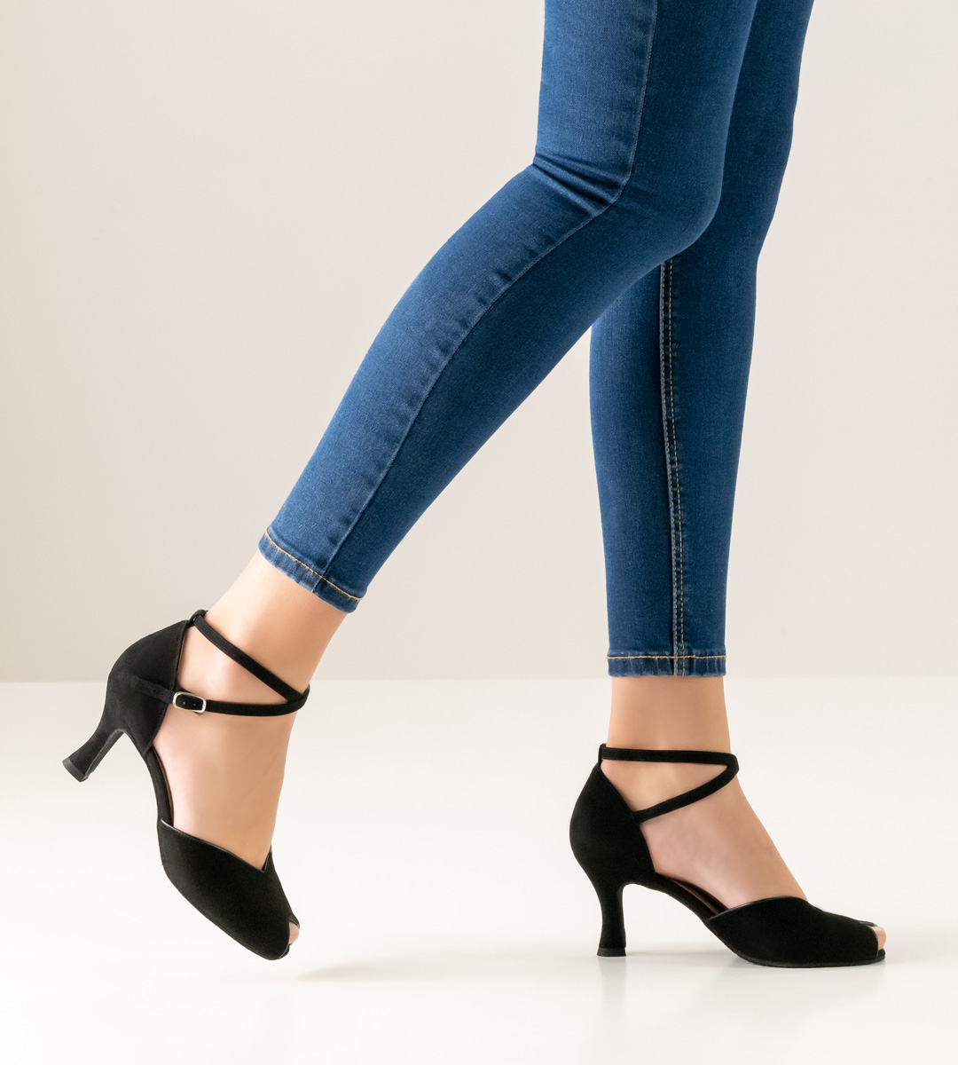 Werner Kern Ladies Dance Shoe with Peep-toe Opening in Combination with Blue Jeans